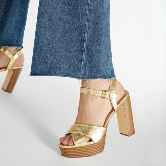 JUST FAB • Gold Tina Crossover Platform Heeled Sandals Includes Box - Picture 6 of 8